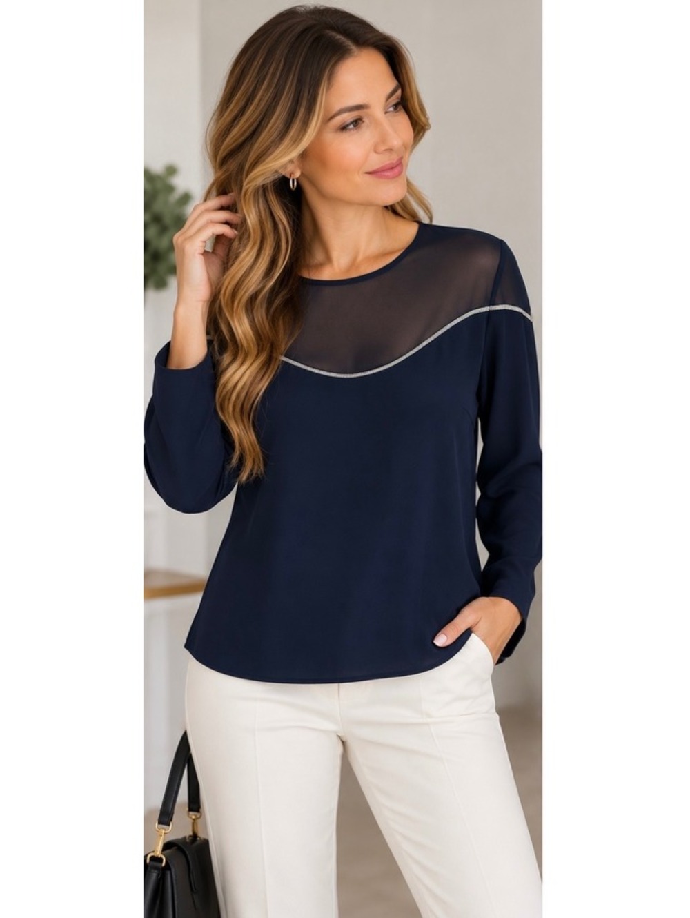 ESCADA Navy Silk Blend Blouse Size 44 (US 8) Elegant Designer Top